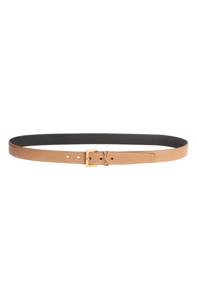 Shop Saint Laurent Monogram Keeper Leather Belt In Vintage Brown Gold