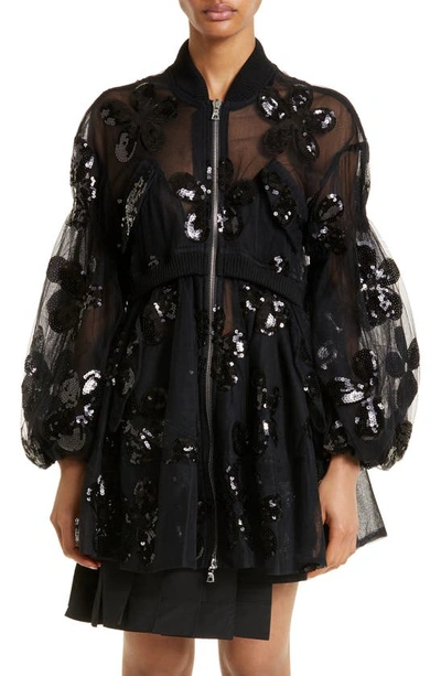 Shop Simone Rocha Sequin Daisy Puff Sleeve Sheer Tulle Bomber Jacket In Black/ Black