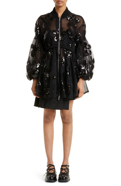 Shop Simone Rocha Sequin Daisy Puff Sleeve Sheer Tulle Bomber Jacket In Black/ Black
