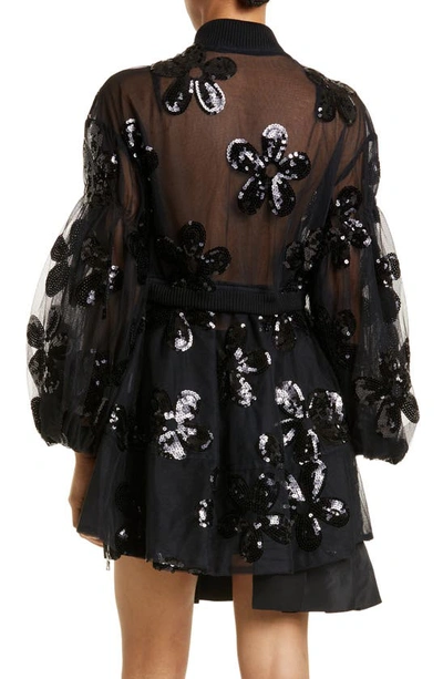 Shop Simone Rocha Sequin Daisy Puff Sleeve Sheer Tulle Bomber Jacket In Black/ Black