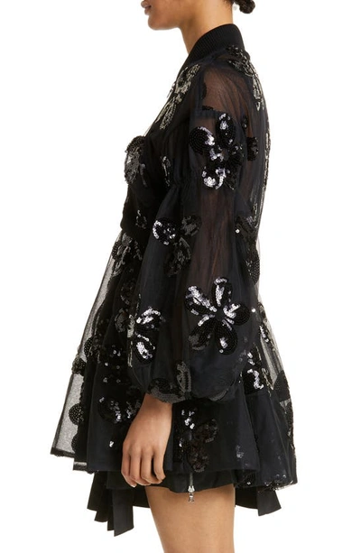 Shop Simone Rocha Sequin Daisy Puff Sleeve Sheer Tulle Bomber Jacket In Black/ Black