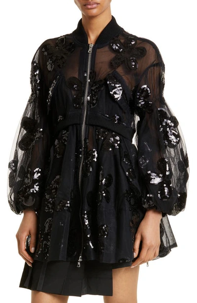 Shop Simone Rocha Sequin Daisy Puff Sleeve Sheer Tulle Bomber Jacket In Black/ Black