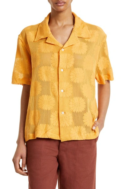 Shop Bode Sunflower Lace Short Sleeve Button-up Shirt In Golden
