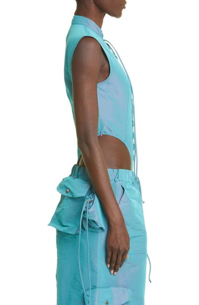 Shop Laquan Smith Iridescent Utility Lace-up Bodysuit In Aqua
