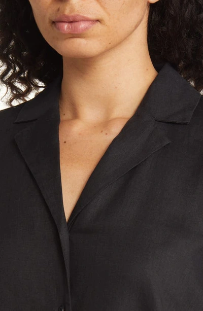 Shop Eileen Fisher Notched Collar Elbow Sleeve Linen Button-up Shirt In Black