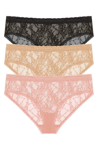 Shop Natori Bliss Allure Lace 3-pack Girl Briefs In Black/ Cafe/ Rose