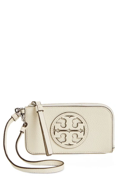 Shop Tory Burch Miller Top Zip Leather Card Case In Ivory
