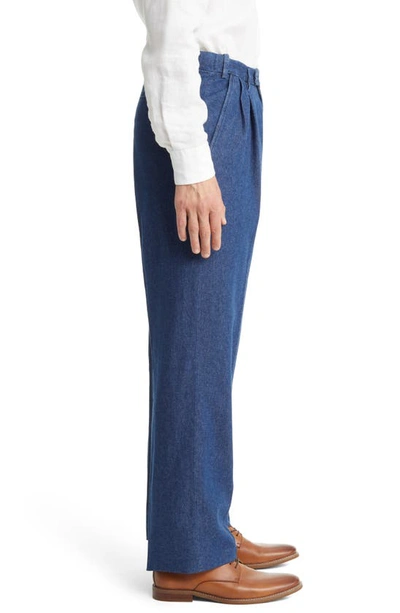 Shop Berle Pleated Self Sizer Waist Flat Front Denim Trousers In Navy