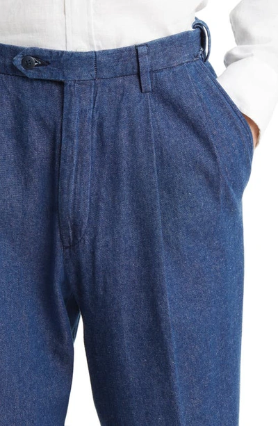 Berle Pleated Self Sizer Waist Flat Front Denim Trousers In Navy
