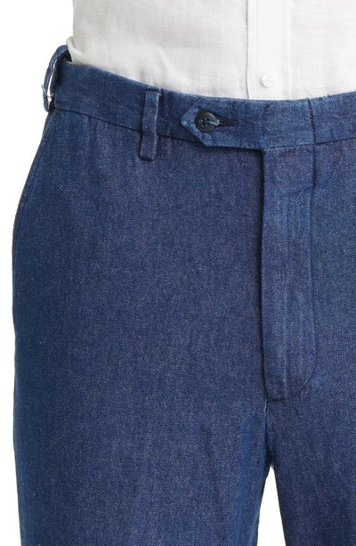 Berle Pleated Self Sizer Waist Flat Front Denim Trousers In Navy