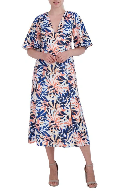 Shop Laundry By Shelli Segal Patterned V-neck Midi Dress In Abstract Palm
