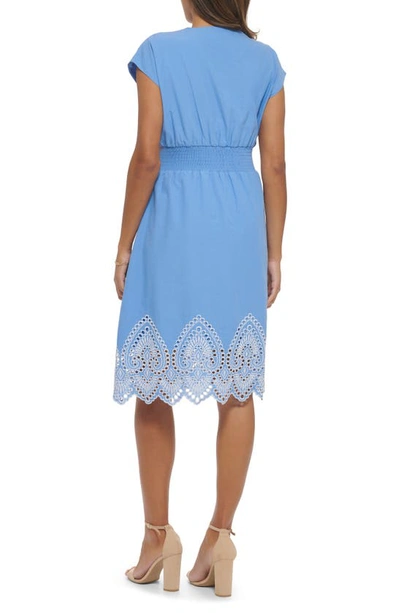 Shop Kensie Embroidered Pleat Tie Waist Dress In Chambray Blue