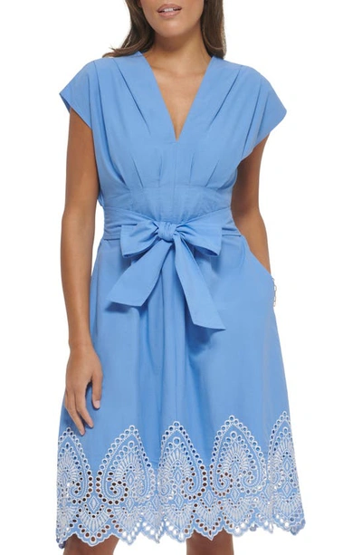 Shop Kensie Embroidered Pleat Tie Waist Dress In Chambray Blue