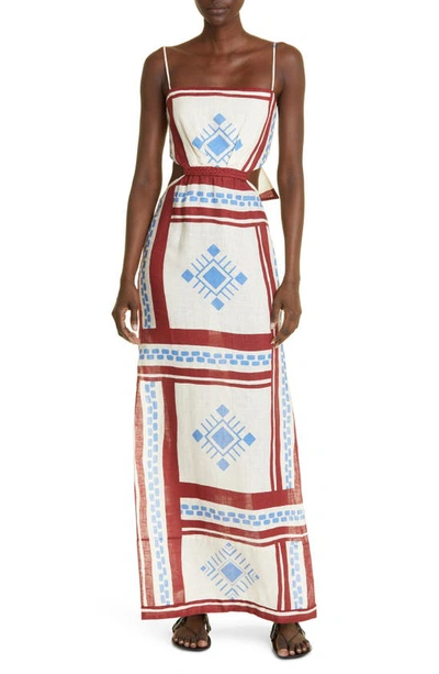 Shop Johanna Ortiz Kay Pacha Abstract Print Linen Maxi Dress In Cuzco Sand/ Wine/ Cobalt