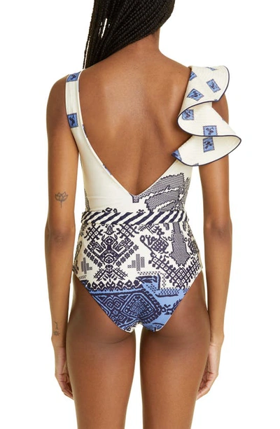 Shop Johanna Ortiz Wind Weaver Ruffle Detail One-piece Swimsuit In Andean Ecru/ Cobalt