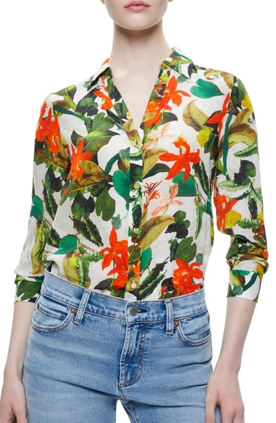 Shop Alice And Olivia Eloise Tropical Print Blouse In Tropical Palm Off White
