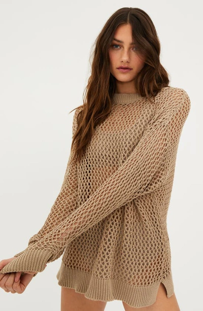 Beach Riot Hilary Long Sleeve Open Knit Cover-up Sweater Tunic In Tan