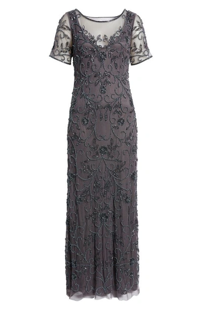 Shop Pisarro Nights Floral Beaded Short Sleeve A-line Gown In Slate