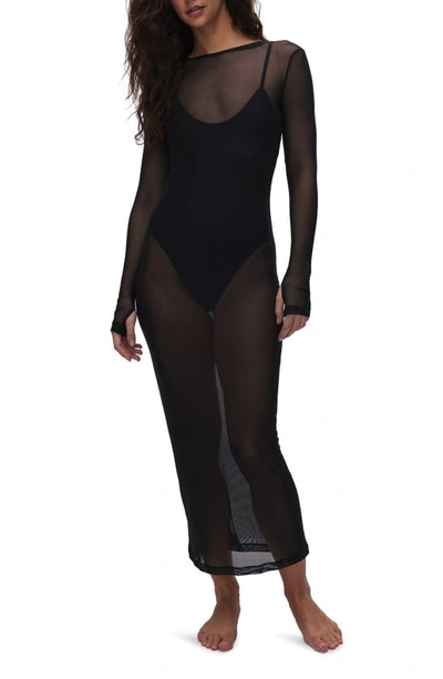 Shop Good American Mesh Swim Cover-up Maxi Dress In Black001