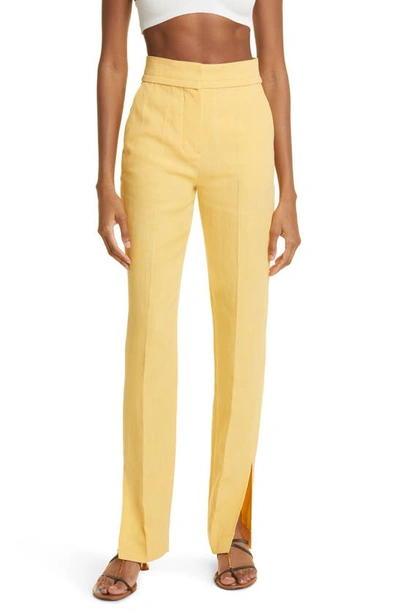 Shop Jacquemus Tibau High Waist Split Hem Linen Blend Pants In Yellow
