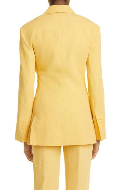 Shop Jacquemus Tibau Crossover Double Breasted Linen Blend Jacket In Yellow