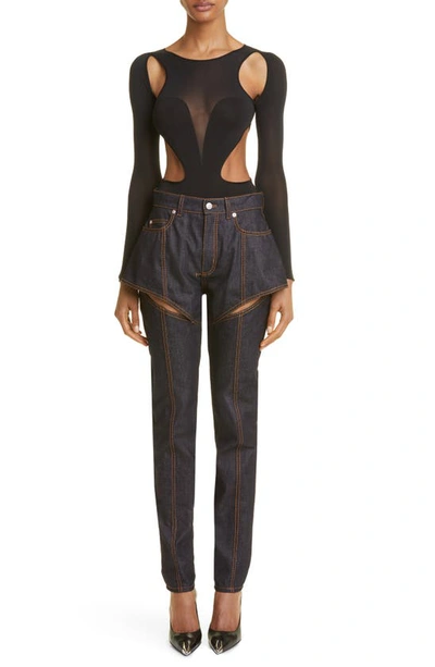 Shop Alexander Mcqueen Sliced Long Sleeve Silk Bodysuit In 1000 Black