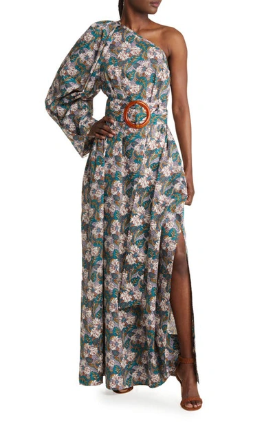 Shop Nackiyé Great Escape Floral One-shoulder Belted Maxi Dress In Green Oasis
