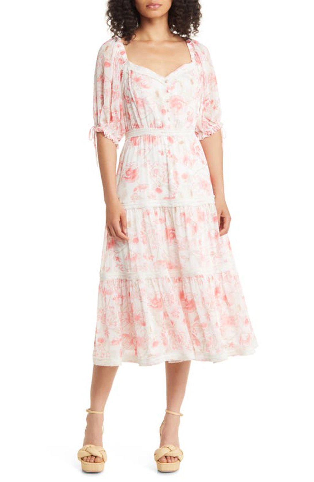 Rachel Parcell Floral Tiered Midi Dress In Pink Rose Print ModeSens