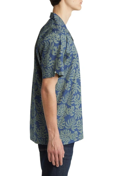 Shop North Sails Leaf Print Short Sleeve Cotton Button-up Shirt In Blue/ Green