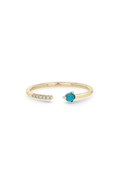 Shop Zoë Chicco Turquoise & Pavé Diamond Open Ring In 14k Yellow Gold