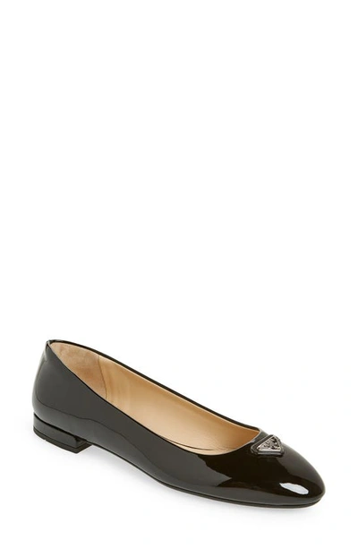 Prada Patent Calfskin Logo Ballerina Flats In Black | ModeSens