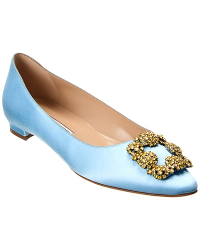 Manolo Blahnik Hangisi Flats In Light Blue Satin In Blue