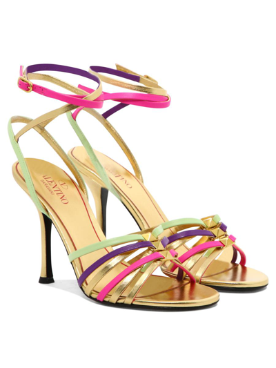 Shop Valentino "rockstud Strappy" Sandals In Gold