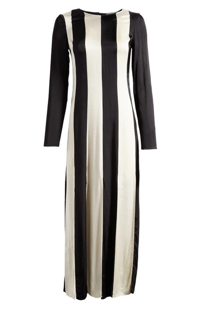 Shop Topshop Stripe Long Sleeve Satin Maxi Dress In Black