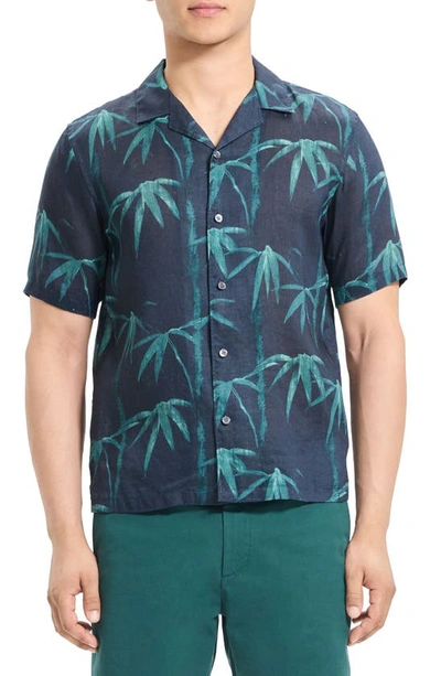 Shop Theory Irving Short Sleeve Linen Button-up Camp Shirt In Blk/ Cyprss