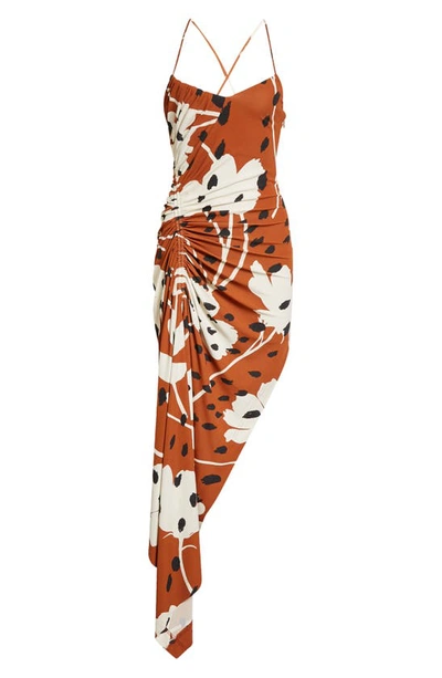 Shop Monse Ruched Floral Print Asymmetric Jersey Dress In Brown Multi
