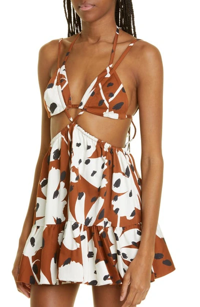 Shop Monse Floral Cutout Stretch Cotton Dress In Brown Multi