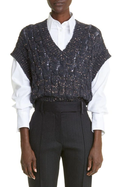 Shop Brunello Cucinelli Cable Sequin Silk & Linen Blend Cap Sleeve Sweater In Clz03-navy