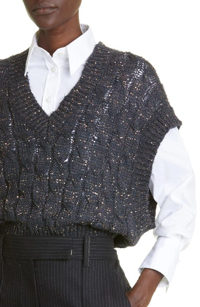 Shop Brunello Cucinelli Cable Sequin Silk & Linen Blend Cap Sleeve Sweater In Clz03-navy