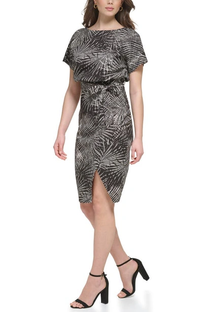 Shop Kensie Palm Print Blouson Sheath Dress In Black Multi