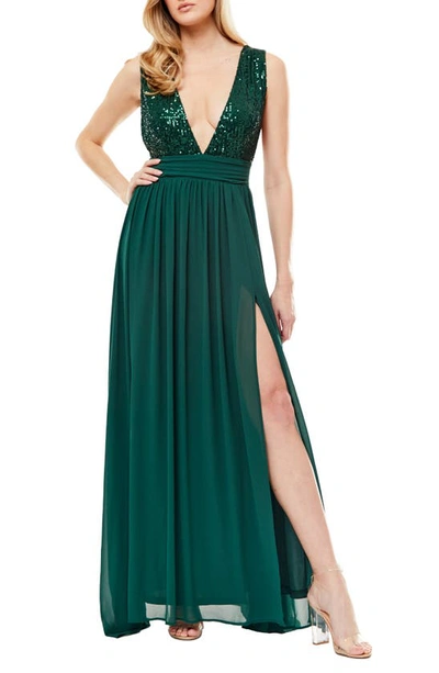 Love By Design Daphne Sequin Top V-plunge Maxi Dress In Emerald