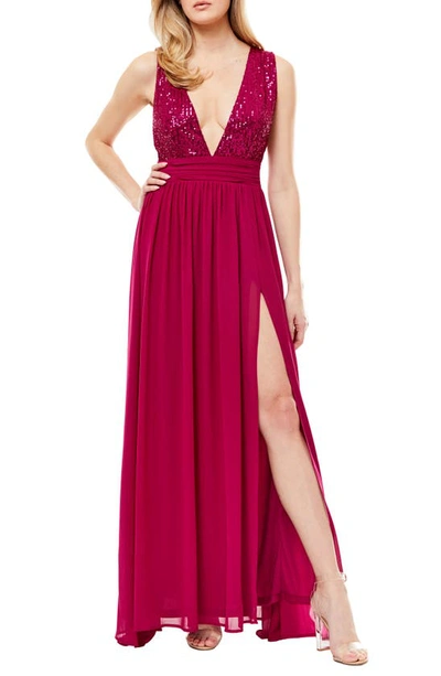 Love By Design Daphne Sequin Top V-plunge Maxi Dress In Berry