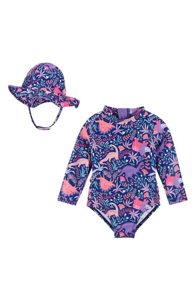 Shop Andy & Evan One-piece Rashguard Swimsuit & Hat Set In Pink Shell