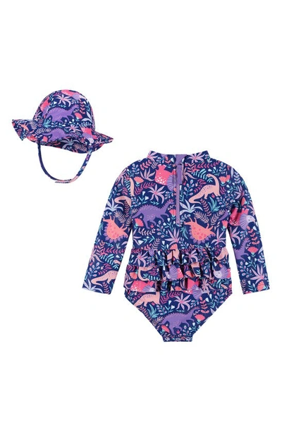 Shop Andy & Evan One-piece Rashguard Swimsuit & Hat Set In Pink Shell