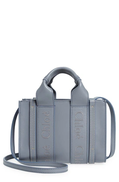 Shop Chloé Mini Woody Leather Tote In Storm Blue 41a
