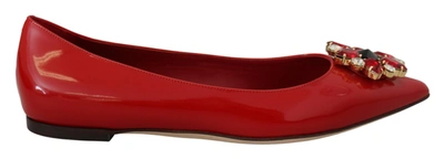 Shop Dolce & Gabbana Red Leather Crystals Loafers Flats Women's Shoes
