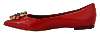 Shop Dolce & Gabbana Red Leather Crystals Loafers Flats Women's Shoes