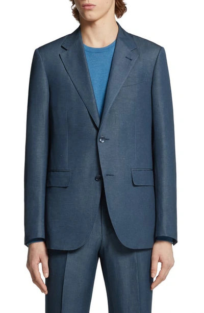 Zegna Dark Teal Blue Trofeo Summer Wool And Linen Jacket In Blue