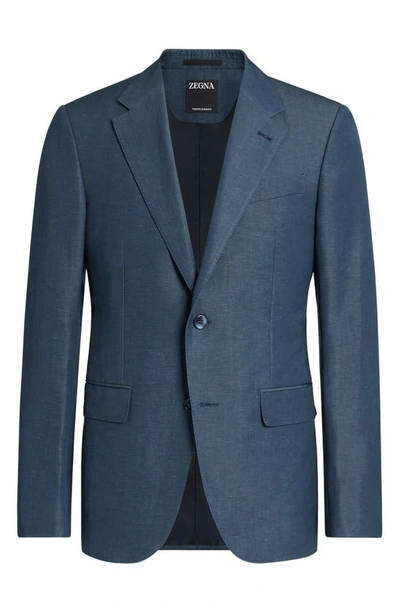 Zegna Dark Teal Blue Trofeo Summer Wool And Linen Jacket In Blue