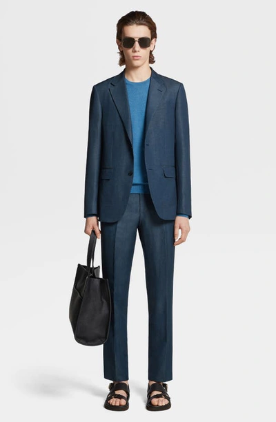 Zegna Dark Teal Blue Trofeo Summer Wool And Linen Jacket In Blue